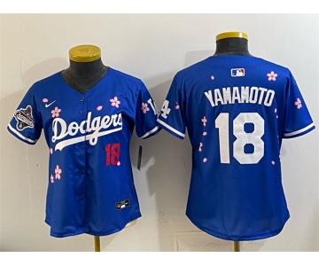 Women's Los Angeles Dodgers #18 Yoshinobu Yamamoto Royal 2025 World Series Champions Patch Tokyo Series Limited Stitched Baseball Jersey