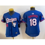 Women's Los Angeles Dodgers #18 Yoshinobu Yamamoto Royal Hello Kitty Night 2025 World Series Champions Patch Stitched Baseball Jersey Women's Los Angeles Dodgers #18 Yoshinobu Yamamoto Royal Hello Kitty Night 2025 World Series Champions Patch Stitched Baseball Jersey