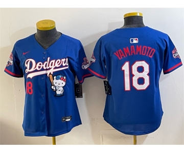 Women's Los Angeles Dodgers #18 Yoshinobu Yamamoto Royal Hello Kitty Night 2025 World Series Champions Patch Stitched Baseball Jersey