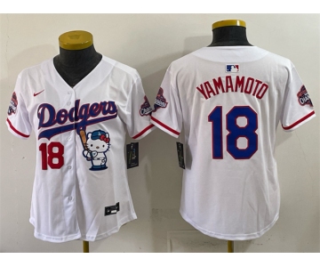 Women's Los Angeles Dodgers #18 Yoshinobu Yamamoto White Hello Kitty Night 2025 World Series Champions Patch Stitched Baseball Jersey