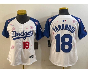 Women's Los Angeles Dodgers #18 Yoshinobu Yamamoto White Royal 2025 Tokyo Series Limited Stitched Baseball Jersey