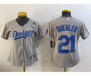 Women's Los Angeles Dodgers #21 Walker Buehler Grey 2024 World Series Cool Base Stitched Baseball Jersey