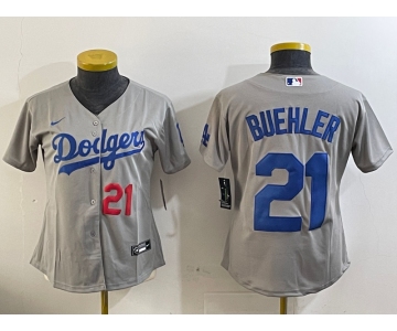 Women's Los Angeles Dodgers #21 Walker Buehler Number Grey Stitched Cool Base Nike Jersey