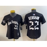 Women's Los Angeles Dodgers #22 Clayton Kershaw Black 2025 World Series Champions LA Gothic Edition Limited Stitched Baseball Jersey Women's Los Angeles Dodgers #22 Clayton Kershaw Black 2025 World Series Champions LA Gothic Edition Limited Stitched Baseball Jersey