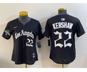 Women's Los Angeles Dodgers #22 Clayton Kershaw Black 2025 World Series Champions LA Gothic Edition Limited Stitched Baseball Jersey Women's Los Angeles Dodgers #22 Clayton Kershaw Black 2025 World Series Champions LA Gothic Edition Limited Stitched Baseball Jersey
