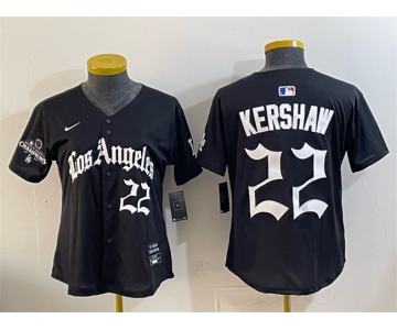 Women's Los Angeles Dodgers #22 Clayton Kershaw Black 2025 World Series Champions LA Gothic Edition Limited Stitched Baseball Jersey