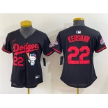 Women's Los Angeles Dodgers #22 Clayton Kershaw Black Hello Kitty Night 2025 World Series Champions Patch Stitched Baseball Jersey Women's Los Angeles Dodgers #22 Clayton Kershaw Black Hello Kitty Night 2025 World Series Champions Patch Stitched Baseball Jersey