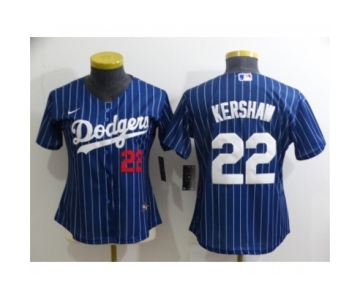 Women's Los Angeles Dodgers #22 Clayton Kershaw Navy Blue Pinstripe Stitched MLB Cool Base Nike Jersey