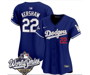 Women's Los Angeles Dodgers #22 Clayton Kershaw Royal 2025 World Series Limited Stitched Baseball Jersey