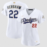 Women's Los Angeles Dodgers #22 Clayton Kershaw White 2026 Gold Collection Stadium Stitched Baseball Jersey Women's Los Angeles Dodgers #22 Clayton Kershaw White 2026 Gold Collection Stadium Stitched Baseball Jersey