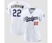 Women's Los Angeles Dodgers #22 Clayton Kershaw White 2026 Gold Collection Stadium Stitched Baseball Jersey Women's Los Angeles Dodgers #22 Clayton Kershaw White 2026 Gold Collection Stadium Stitched Baseball Jersey