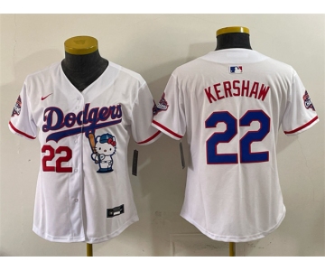 Women's Los Angeles Dodgers #22 Clayton Kershaw White Hello Kitty Night 2025 World Series Champions Patch Stitched Baseball Jersey