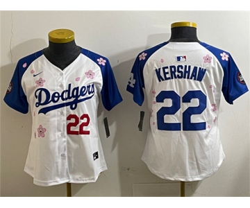 Women's Los Angeles Dodgers #22 Clayton Kershaw White Royal 2025 Tokyo Series Limited Stitched Baseball Jersey