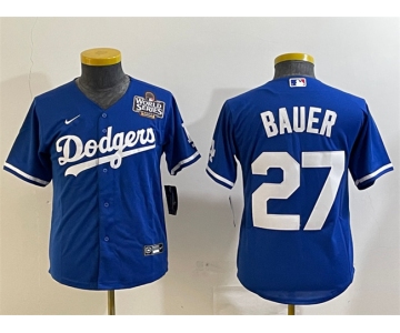 Women's Los Angeles Dodgers #27 Trevor Bauer Blue 2024 World Series Cool Base Stitched Jersey