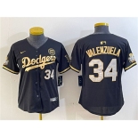 Women's Los Angeles Dodgers #34 Fernando Valenzuela Black Gold 2024 World Series With Fernando Patch Vapor Limited Stitched Baseball Jersey