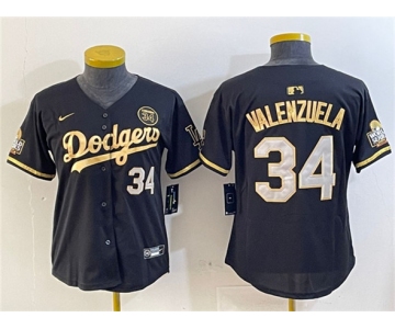 Women's Los Angeles Dodgers #34 Fernando Valenzuela Black Gold 2024 World Series With Fernando Patch Vapor Limited Stitched Baseball Jersey