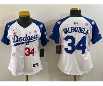 Women's Los Angeles Dodgers #34 Fernando Valenzuela White Royal 2025 Tokyo Series Limited Stitched Baseball Jersey