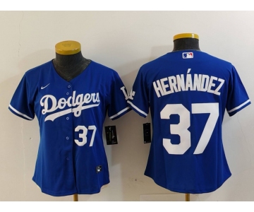 Women's Los Angeles Dodgers #37 Teoscar Hernandez Number Blue Cool Base Stitched Jerseys