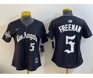 Women's Los Angeles Dodgers #5 Freddie Freeman Black 2025 World Series Champions LA Gothic Edition Limited Stitched Baseball Jersey