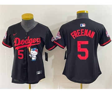 Women's Los Angeles Dodgers #5 Freddie Freeman Black Hello Kitty Night 2025 World Series Champions Patch Stitched Baseball Jersey