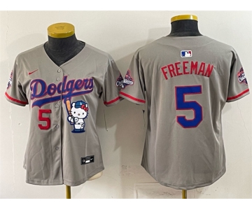 Women's Los Angeles Dodgers #5 Freddie Freeman Grey Hello Kitty Night 2025 World Series Champions Patch Stitched Baseball Jersey