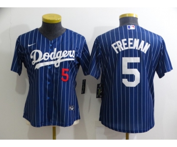 Women's Los Angeles Dodgers #5 Freddie Freeman Navy Blue Pinstripe Stitched MLB Cool Base Nike Jersey