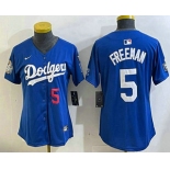 Women's Los Angeles Dodgers #5 Freddie Freeman Number Blue 2024 World Series With Fernando 34 Patch Limited Stitched Jerseys