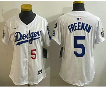 Women's Los Angeles Dodgers #5 Freddie Freeman Number White 2024 World Series With Fernando 34 Patch Limited Stitched Jersey