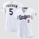 Women's Los Angeles Dodgers #5 Freddie Freeman White 2026 Gold Collection Stadium Stitched Baseball Jersey Women's Los Angeles Dodgers #5 Freddie Freeman White 2026 Gold Collection Stadium Stitched Baseball Jersey