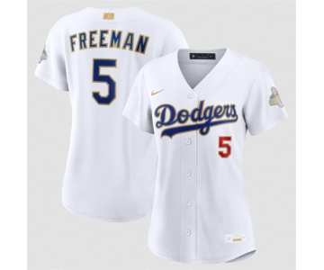 Women's Los Angeles Dodgers #5 Freddie Freeman White 2026 Gold Collection Stadium Stitched Baseball Jersey