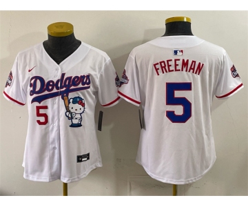 Women's Los Angeles Dodgers #5 Freddie Freeman White Hello Kitty Night 2025 World Series Champions Patch Stitched Baseball Jersey