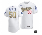 Women's Los Angeles Dodgers #50 Mookie Betts 2021 White Gold World Series Champions Patch Stitched Baseball Jersey