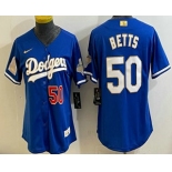 Women's Los Angeles Dodgers #50 Mookie Betts Blue 2026 Gold Collection Stadium Jersey Women's Los Angeles Dodgers #50 Mookie Betts Blue 2026 Gold Collection Stadium Jersey