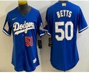 Women's Los Angeles Dodgers #50 Mookie Betts Blue 2026 Gold Collection Stadium Jersey Women's Los Angeles Dodgers #50 Mookie Betts Blue 2026 Gold Collection Stadium Jersey