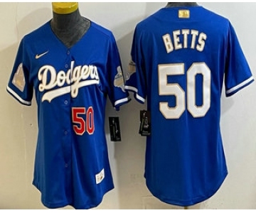 Women's Los Angeles Dodgers #50 Mookie Betts Blue 2026 Gold Collection Stadium Jersey
