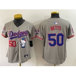Women's Los Angeles Dodgers #50 Mookie Betts Grey Hello Kitty Night 2025 World Series Champions Patch Stitched Baseball Jersey Women's Los Angeles Dodgers #50 Mookie Betts Grey Hello Kitty Night 2025 World Series Champions Patch Stitched Baseball Jersey