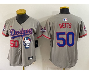 Women's Los Angeles Dodgers #50 Mookie Betts Grey Hello Kitty Night 2025 World Series Champions Patch Stitched Baseball Jersey