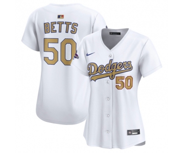 Women's Los Angeles Dodgers #50 Mookie Betts White 2025 Gold Collection Limited Stitched Baseball Jersey