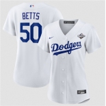 Women's Los Angeles Dodgers #50 Mookie Betts White 2025 World Series Home Cool Base Stitched Baseball Jersey Women's Los Angeles Dodgers #50 Mookie Betts White 2025 World Series Home Cool Base Stitched Baseball Jersey