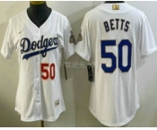 Women's Los Angeles Dodgers #50 Mookie Betts White 2026 Gold Collection Stadium Jersey Women's Los Angeles Dodgers #50 Mookie Betts White 2026 Gold Collection Stadium Jersey