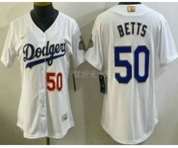 Women's Los Angeles Dodgers #50 Mookie Betts White 2026 Gold Collection Stadium Jersey