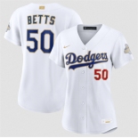 Women's Los Angeles Dodgers #50 Mookie Betts White 2026 Gold Collection Stadium Stitched Baseball Jersey Women's Los Angeles Dodgers #50 Mookie Betts White 2026 Gold Collection Stadium Stitched Baseball Jersey