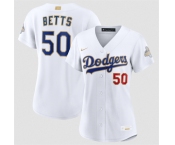 Women's Los Angeles Dodgers #50 Mookie Betts White 2026 Gold Collection Stadium Stitched Baseball Jersey Women's Los Angeles Dodgers #50 Mookie Betts White 2026 Gold Collection Stadium Stitched Baseball Jersey