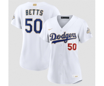 Women's Los Angeles Dodgers #50 Mookie Betts White 2026 Gold Collection Stadium Stitched Baseball Jersey