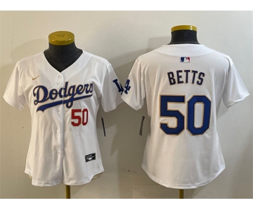 Womens Los Angeles Dodgers #50 Mookie Betts White Gold Home Limited Stitched Baseball Jersey