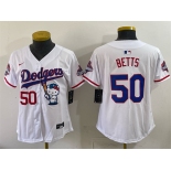 Women's Los Angeles Dodgers #50 Mookie Betts White Hello Kitty Night 2025 World Series Champions Patch Stitched Baseball Jersey Women's Los Angeles Dodgers #50 Mookie Betts White Hello Kitty Night 2025 World Series Champions Patch Stitched Baseball Jersey