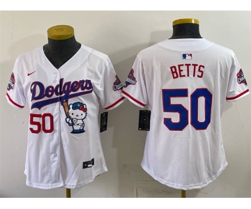 Women's Los Angeles Dodgers #50 Mookie Betts White Hello Kitty Night 2025 World Series Champions Patch Stitched Baseball Jersey