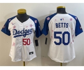 Women's Los Angeles Dodgers #50 Mookie Betts White Royal 2025 Tokyo Series Limited Stitched Baseball Jersey