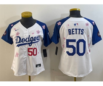 Women's Los Angeles Dodgers #50 Mookie Betts White Royal 2025 Tokyo Series Limited Stitched Baseball Jersey