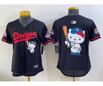 Women's Los Angeles Dodgers Team Big Logo Black Hello Kitty Night 2025 World Series Champions Patch Stitched Baseball Jersey